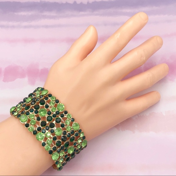 Wide Green Rhinestone Statement Stretch Bracelet - Picture 2 of 2